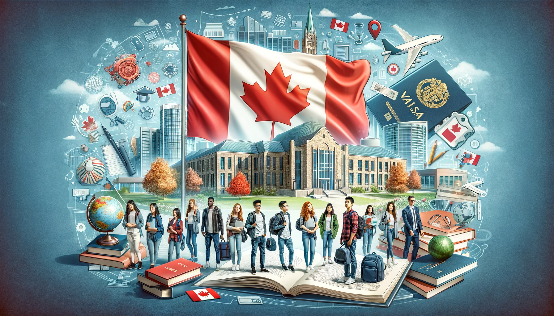 Diverse group of international students with the Canadian flag and university campus, symbolizing Canada's immigration policy for student permits.