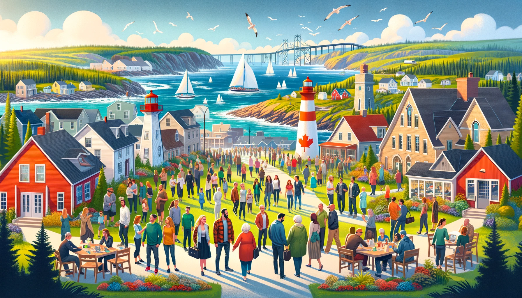 An image depicting a vibrant and welcoming community in Atlantic Canada, with diverse groups of people engaging in various activities such as cultural festivals, local markets, and educational events. The scene is set against a backdrop of picturesque landscapes, including coastal views, historic lighthouses, and lush greenery, symbolizing the region's natural beauty and the warm, inclusive atmosphere that contributes to the rising retention rates of newcomers in the area.