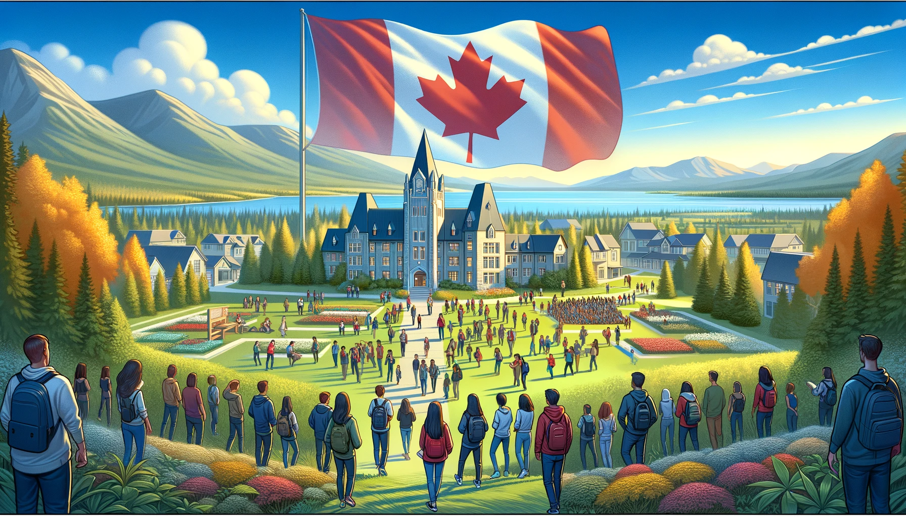 Scenic Canadian educational campus with diverse international students and iconic maple leaves, symbolizing a welcoming and inclusive learning environment.