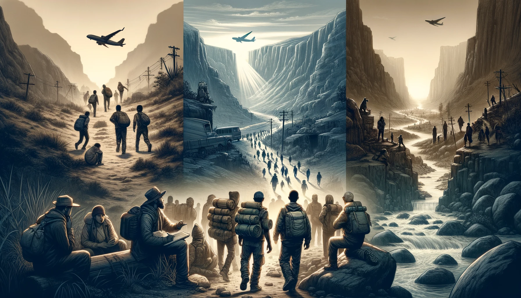 An illustrative contrast between the perilous, shadowed paths of illegal Dunki immigration and the bright, secure road of legal immigration, leading towards a hopeful horizon. The image symbolizes the journey towards a new beginning, underscored by the safety and dignity of following legal procedures, inspired by the principles of Nirman's Law.