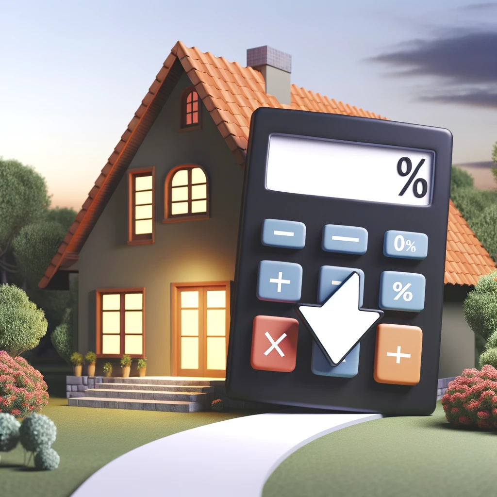 Suburban home with a giant calculator against it, symbolizing the financial planning involved in mortgage refinancing, set against a backdrop of a flourishing garden and sunset.
