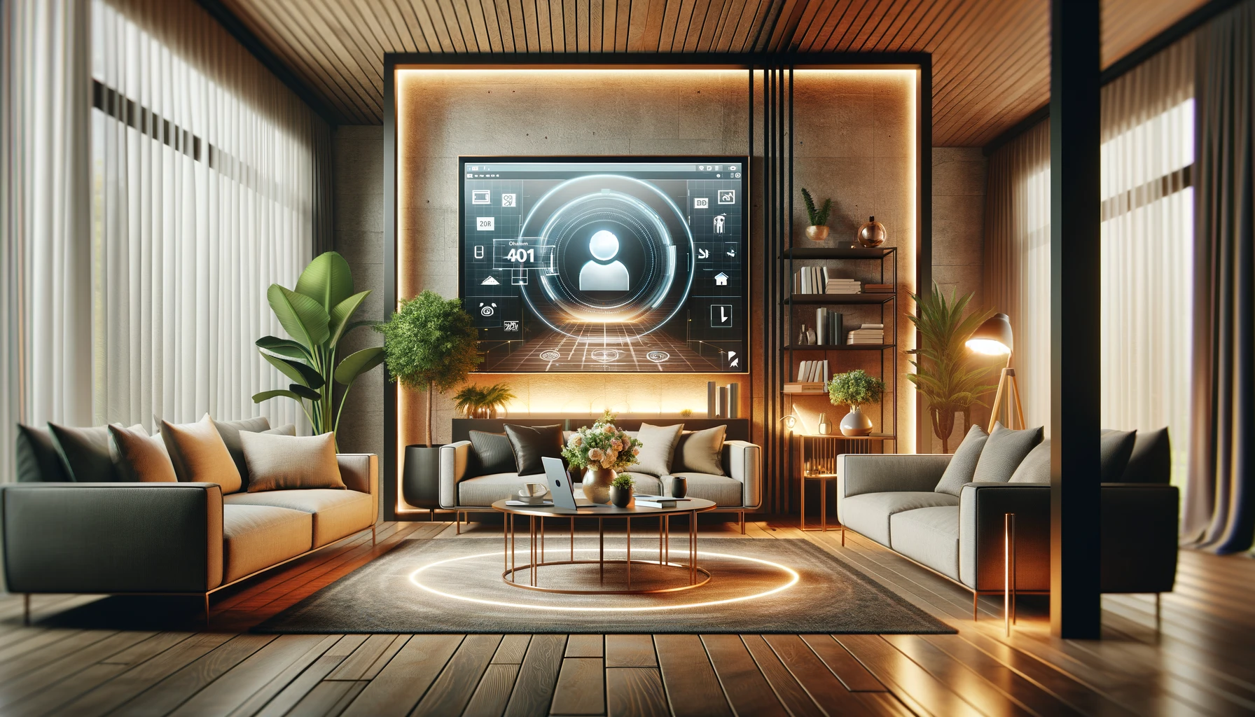 A modern living room showcasing a blend of comfort and technology, with a digital screen displaying a virtual meeting, symbolizing the innovative services of virtual real estate lawyers in Ontario.