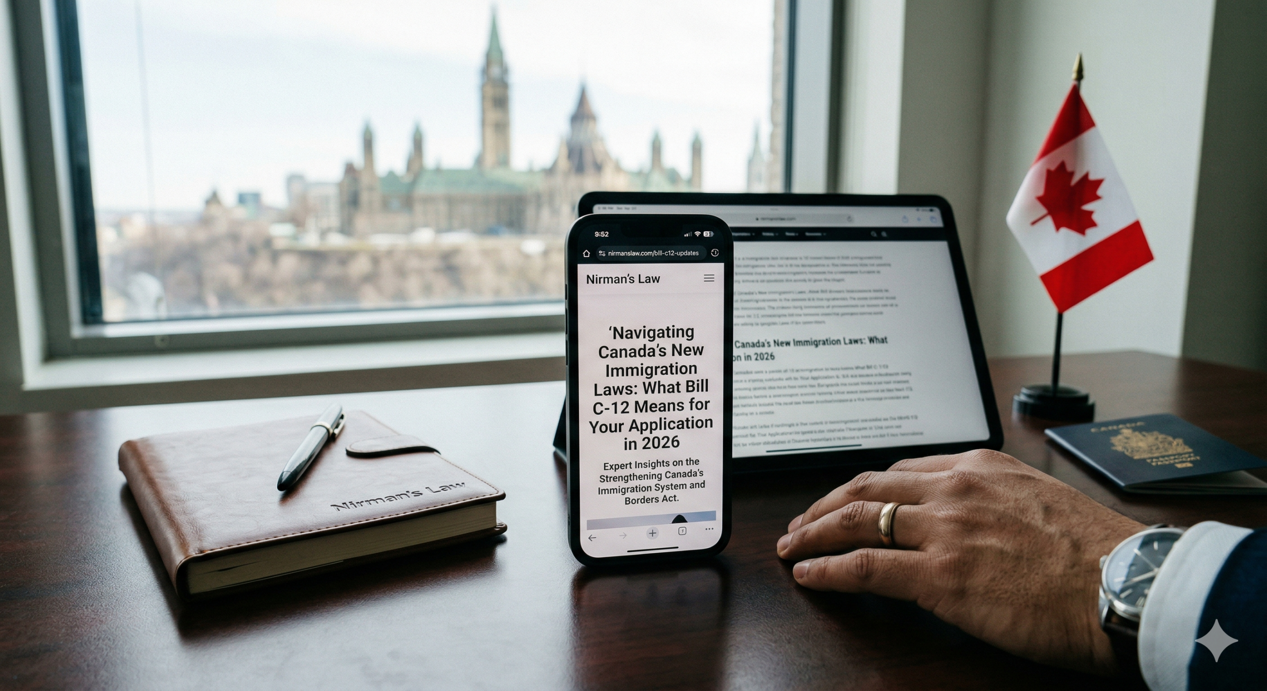 Nirman's Law about Canada's new immigration Bill C-12, resting on a desk with a Canadian passport and flag, with Parliament Hill in the background.